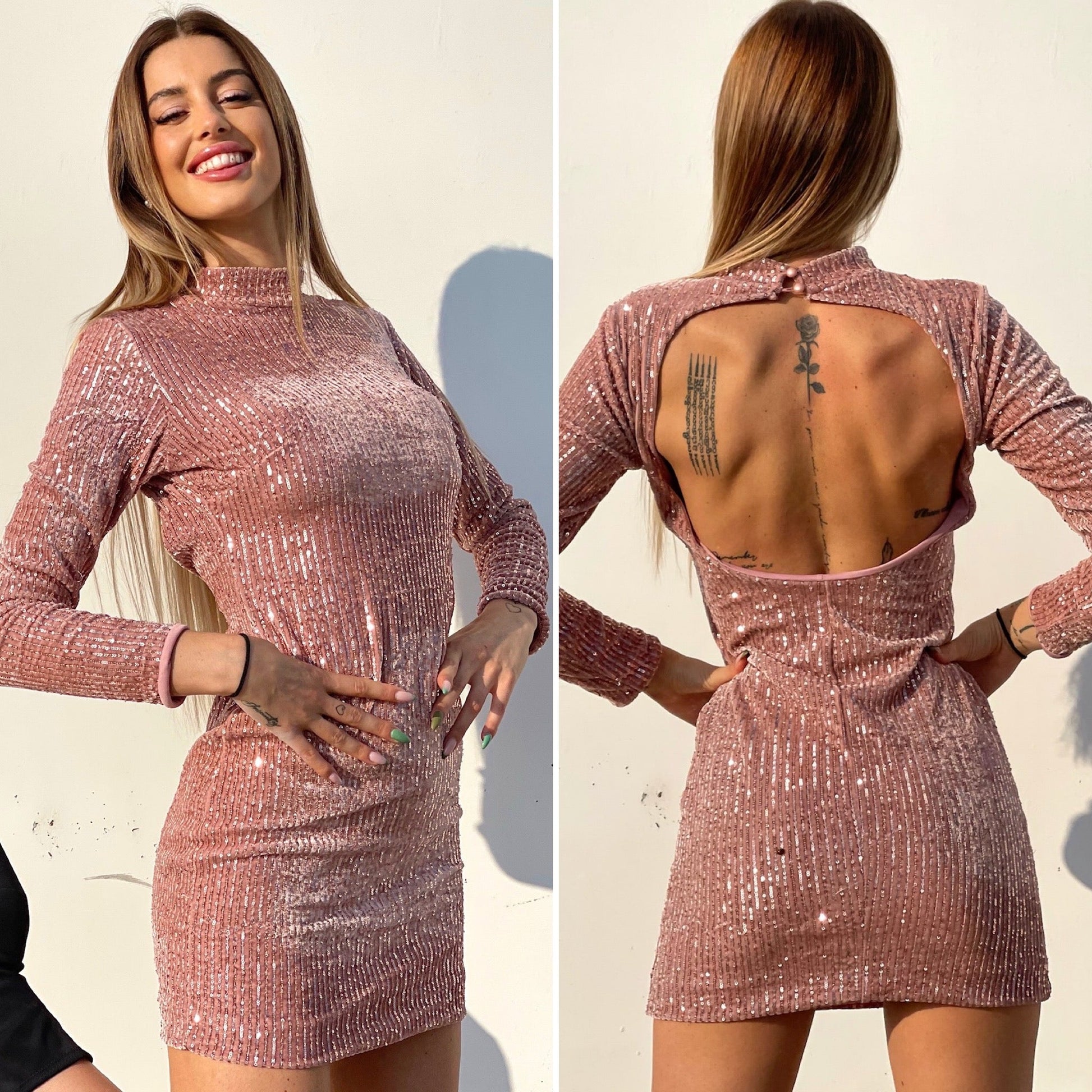 Abito schiena aperta in paillettes rosa