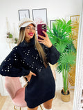 Maxi maglione collo alto con perle Nero