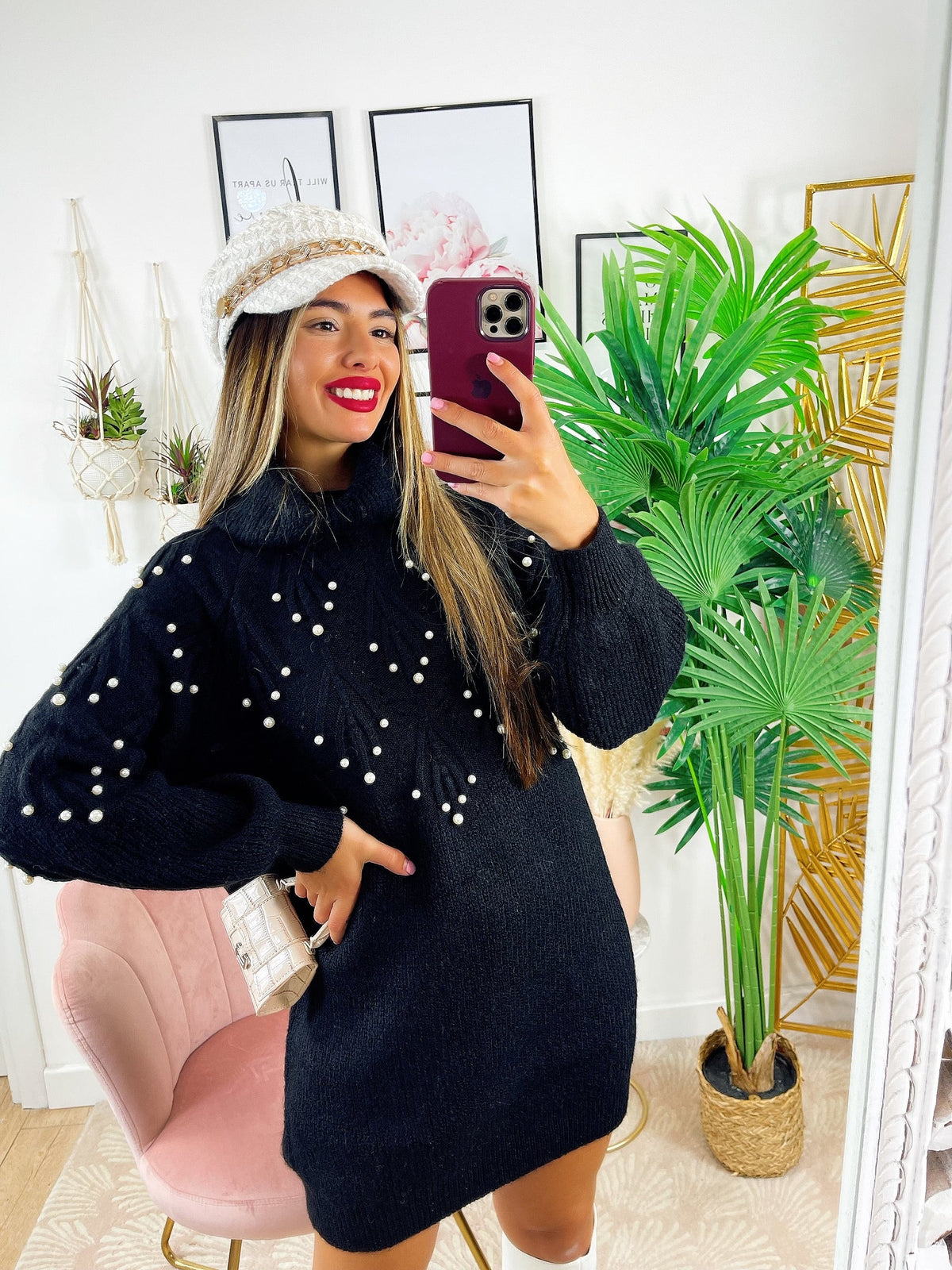 Maxi maglione collo alto con perle Nero