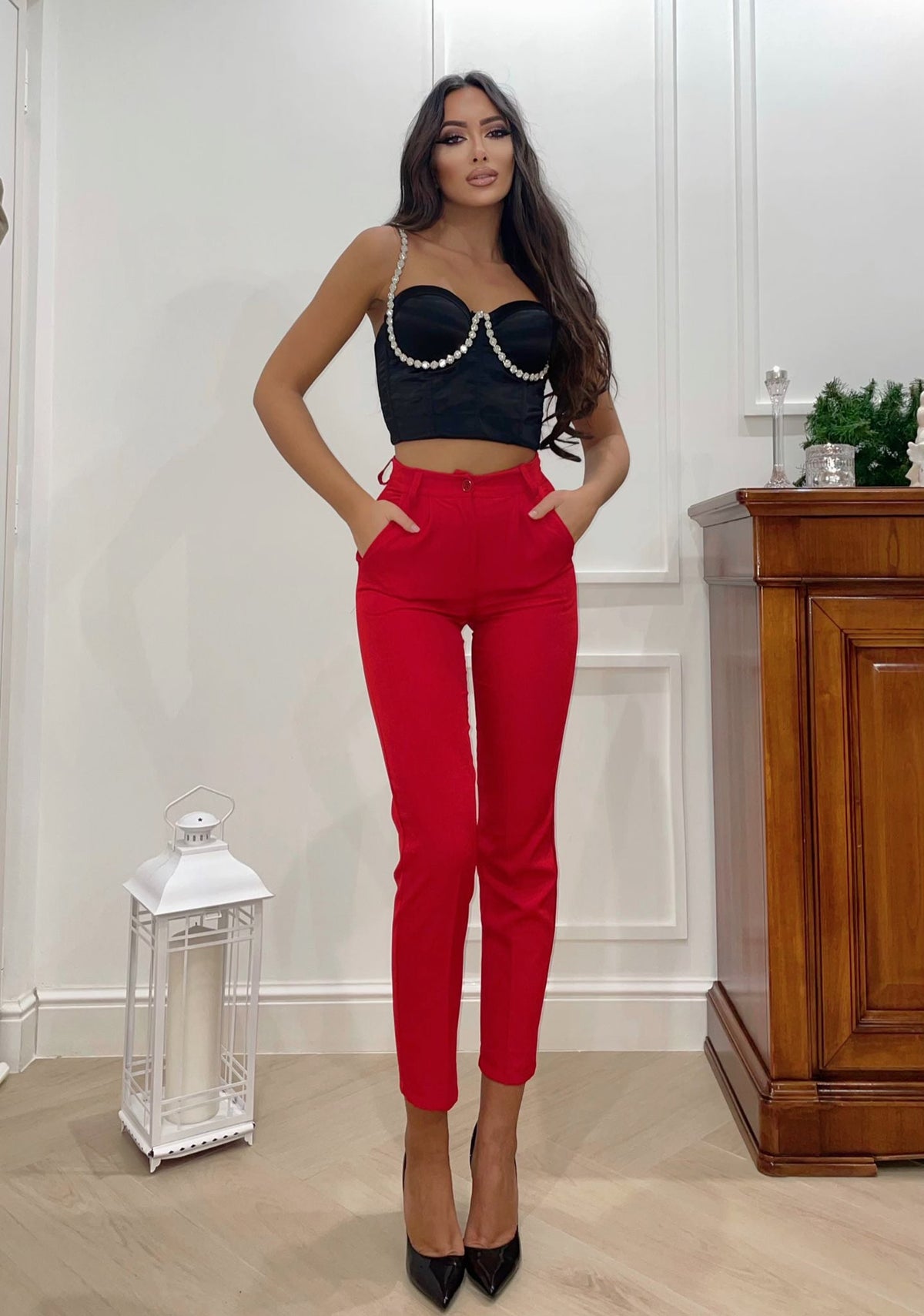 Completo giacca e pantalone strass rosso
