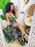 Abito in raso floreale con maxi spacco nero