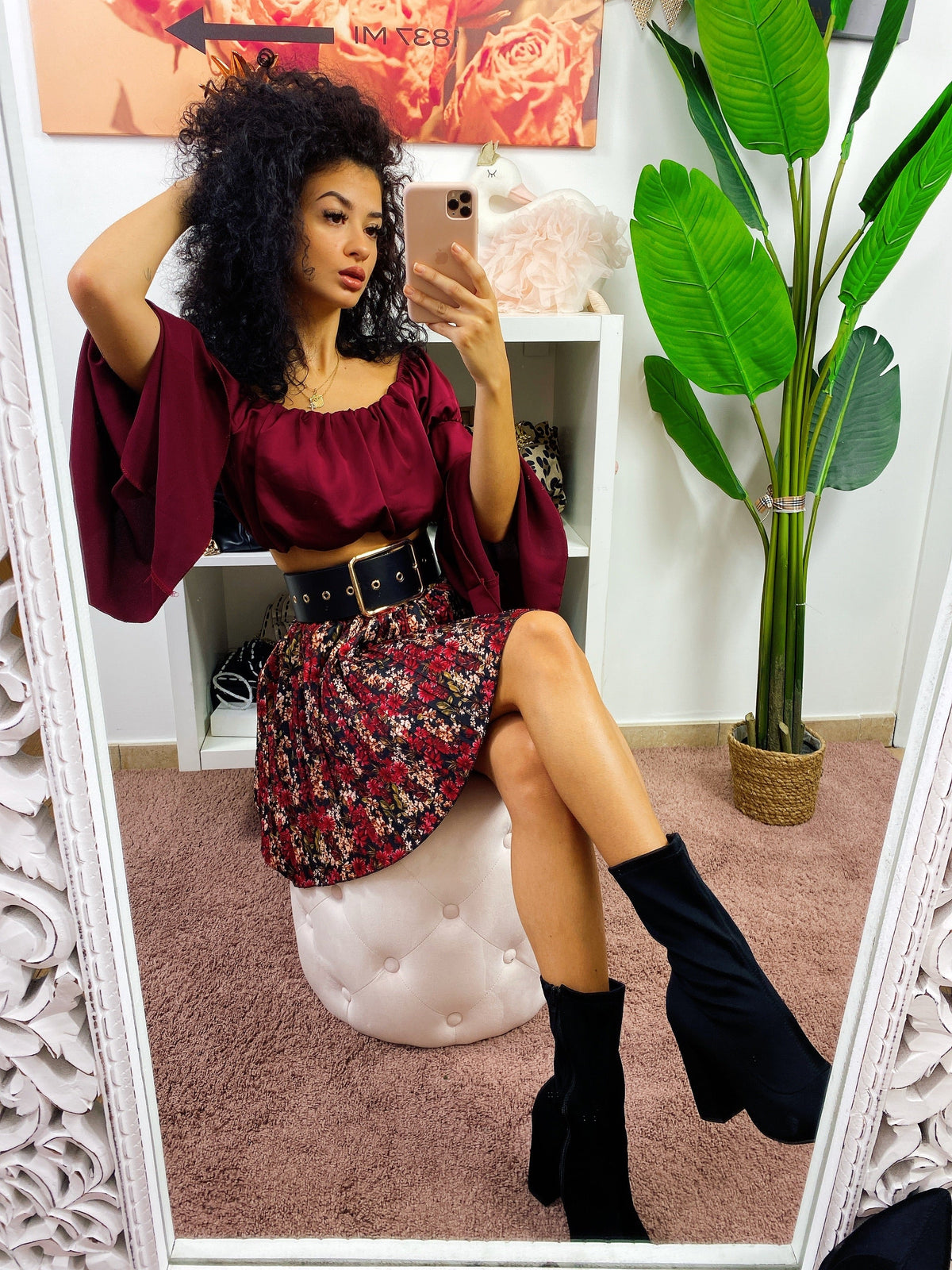 Top in raso manica lunga bordeaux