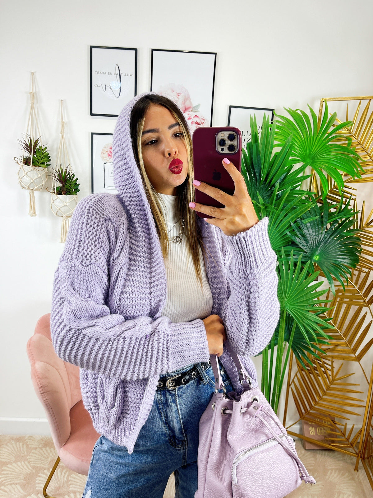 Cardigan lilla con trecce