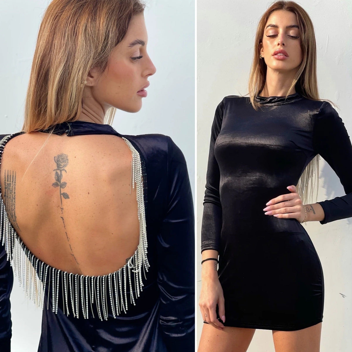 Abito in velluto con schiena aperta e strass