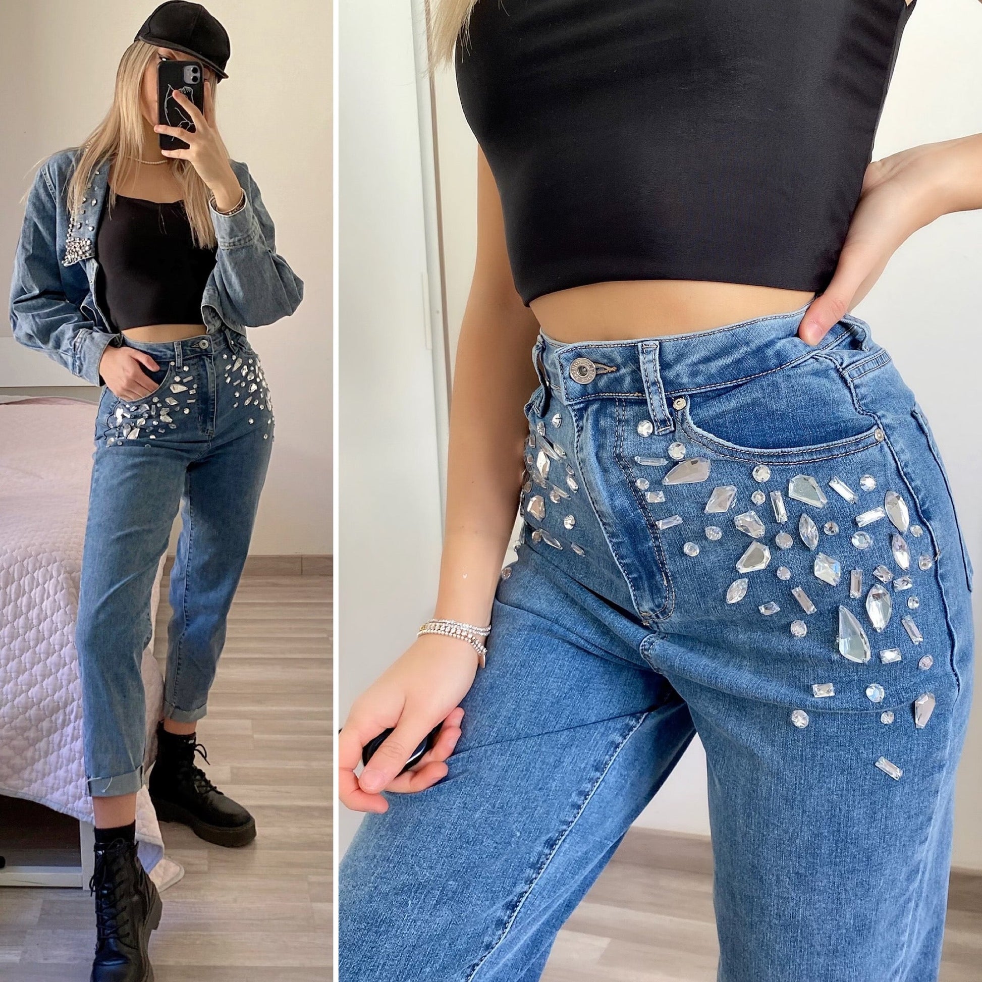 Jeans con pietre in strass