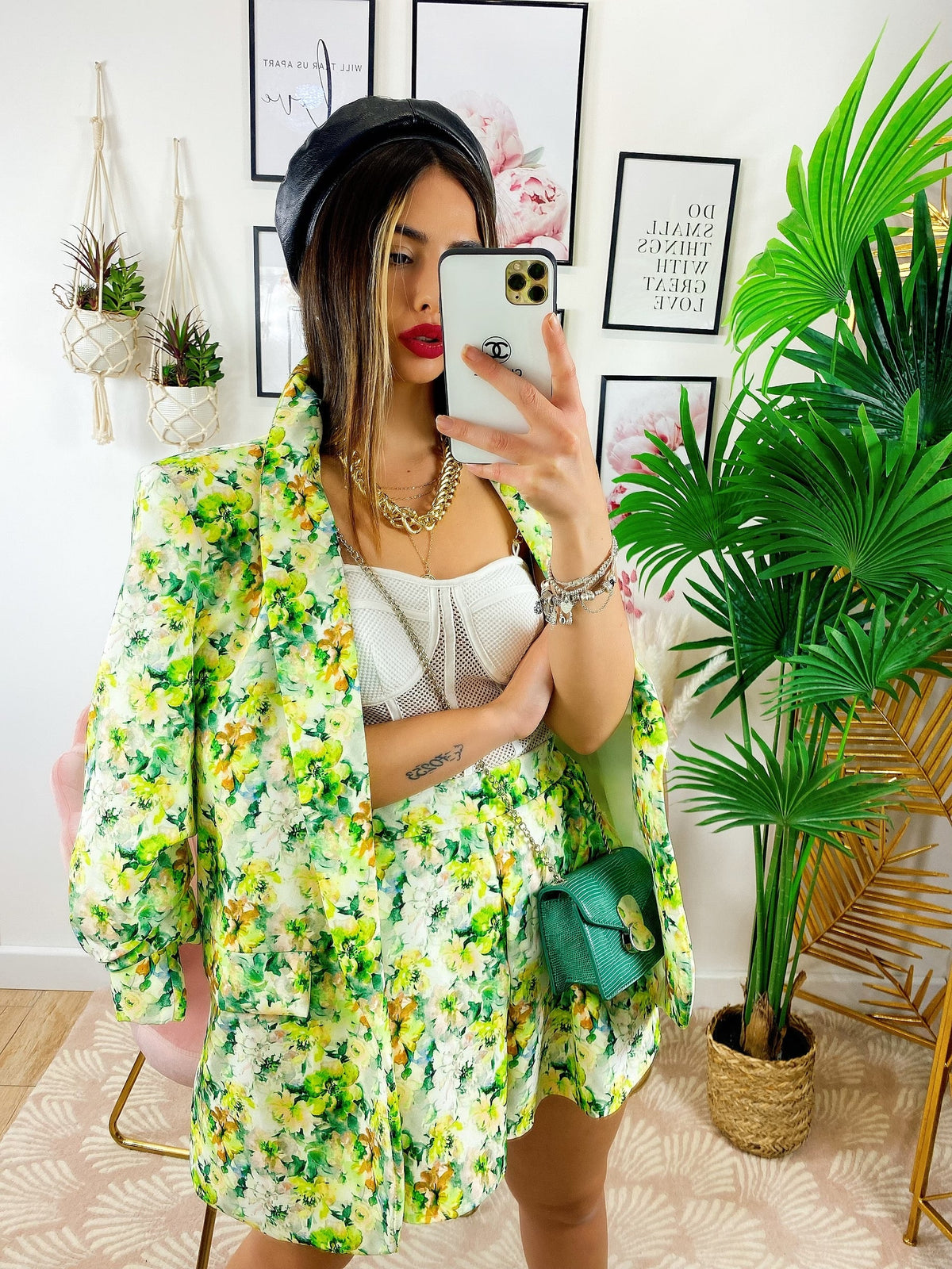 Completo Giacca e Short fiori lime