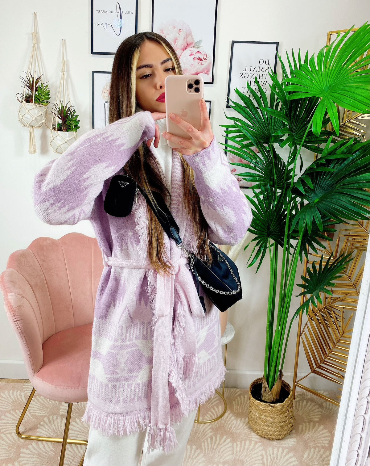 Cardigan con frange e cinta glicine alta qualità