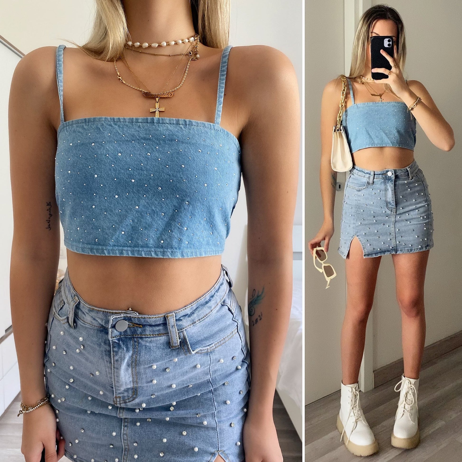 Top in jeans con strass