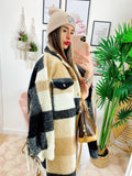 Giacca a quadri Beige nero lunga con frange