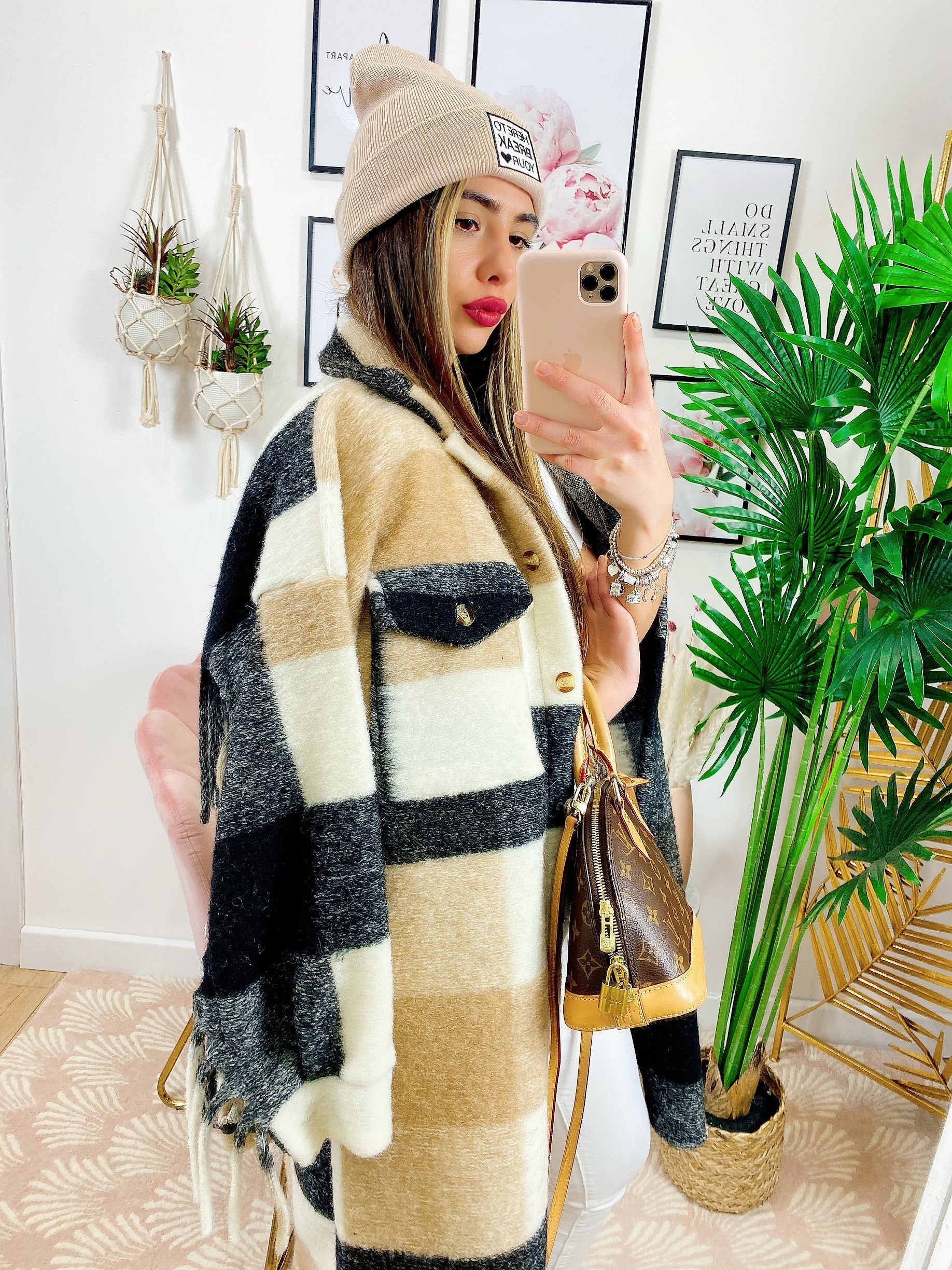 Giacca a quadri Beige nero lunga con frange