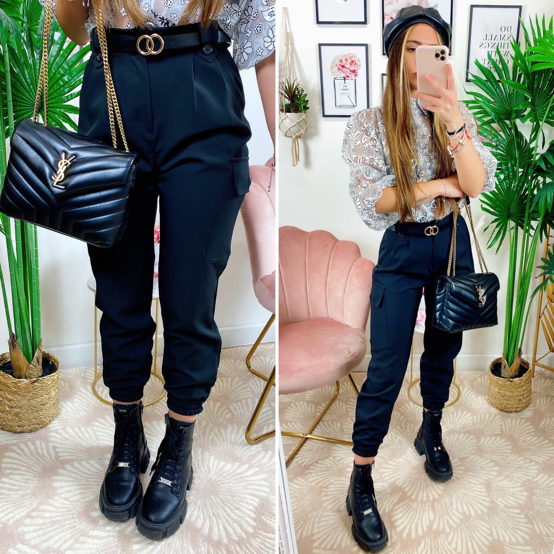 Pantalone con tasche laterali e cintura nero