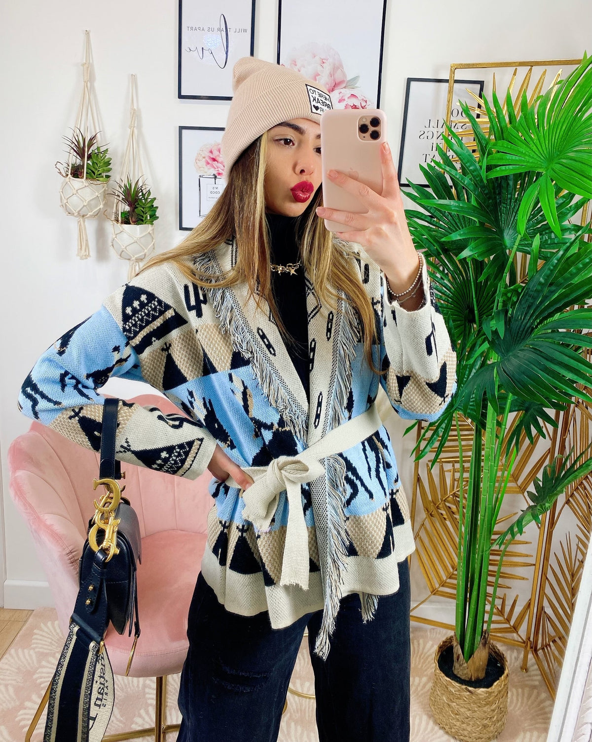 Cardigan frange e cinta con cavallo celeste corto