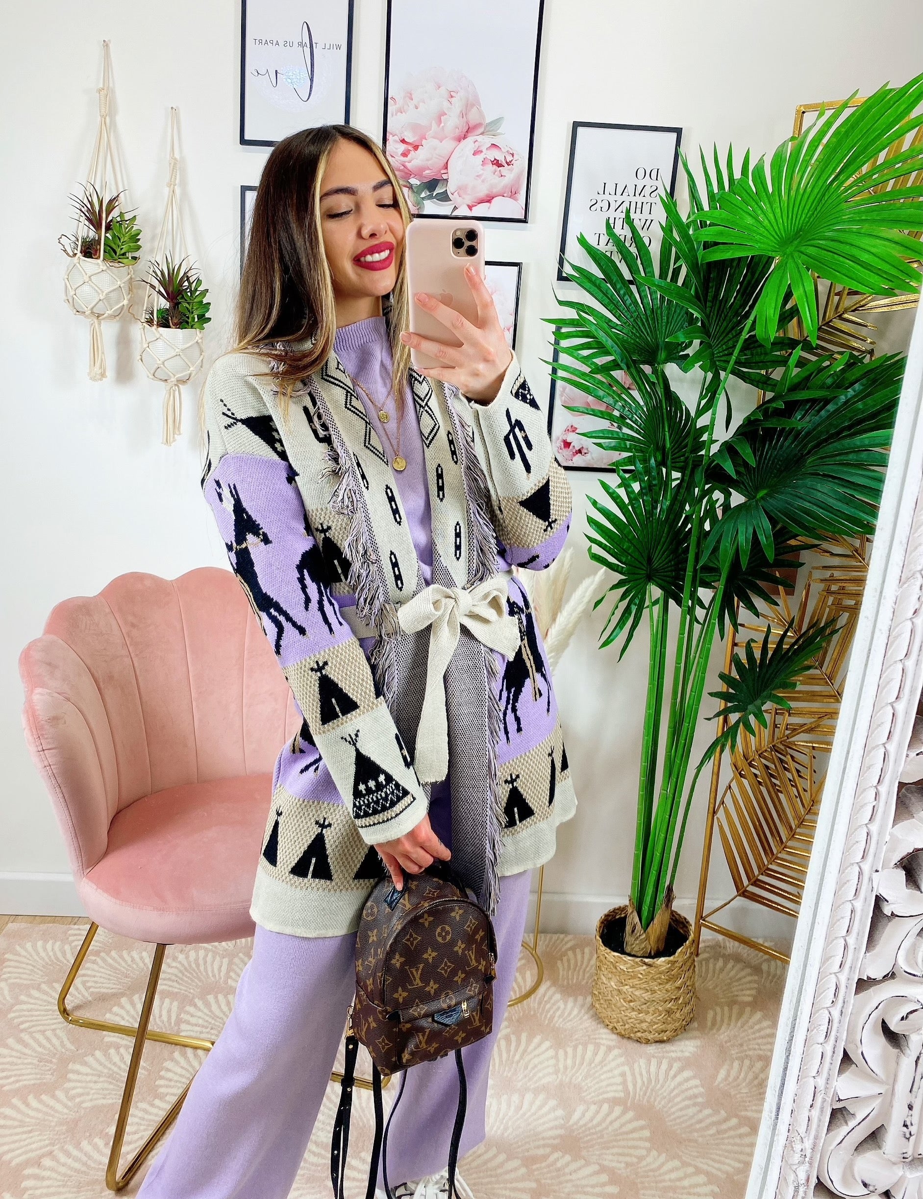 Cardigan con frange stampa cavallo lilla