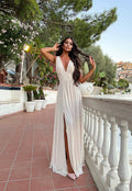Abito lungo beige con scollo a V