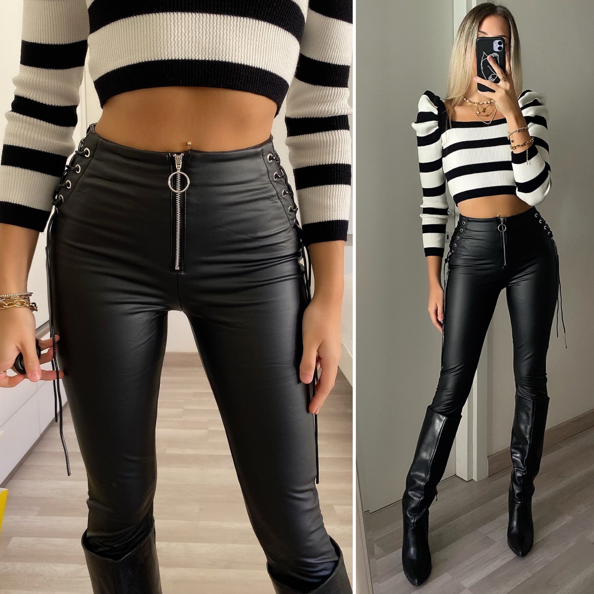 Pantalone in ecopelle con lacci laterali