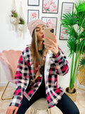 Giacca a quadri nera e fucsia