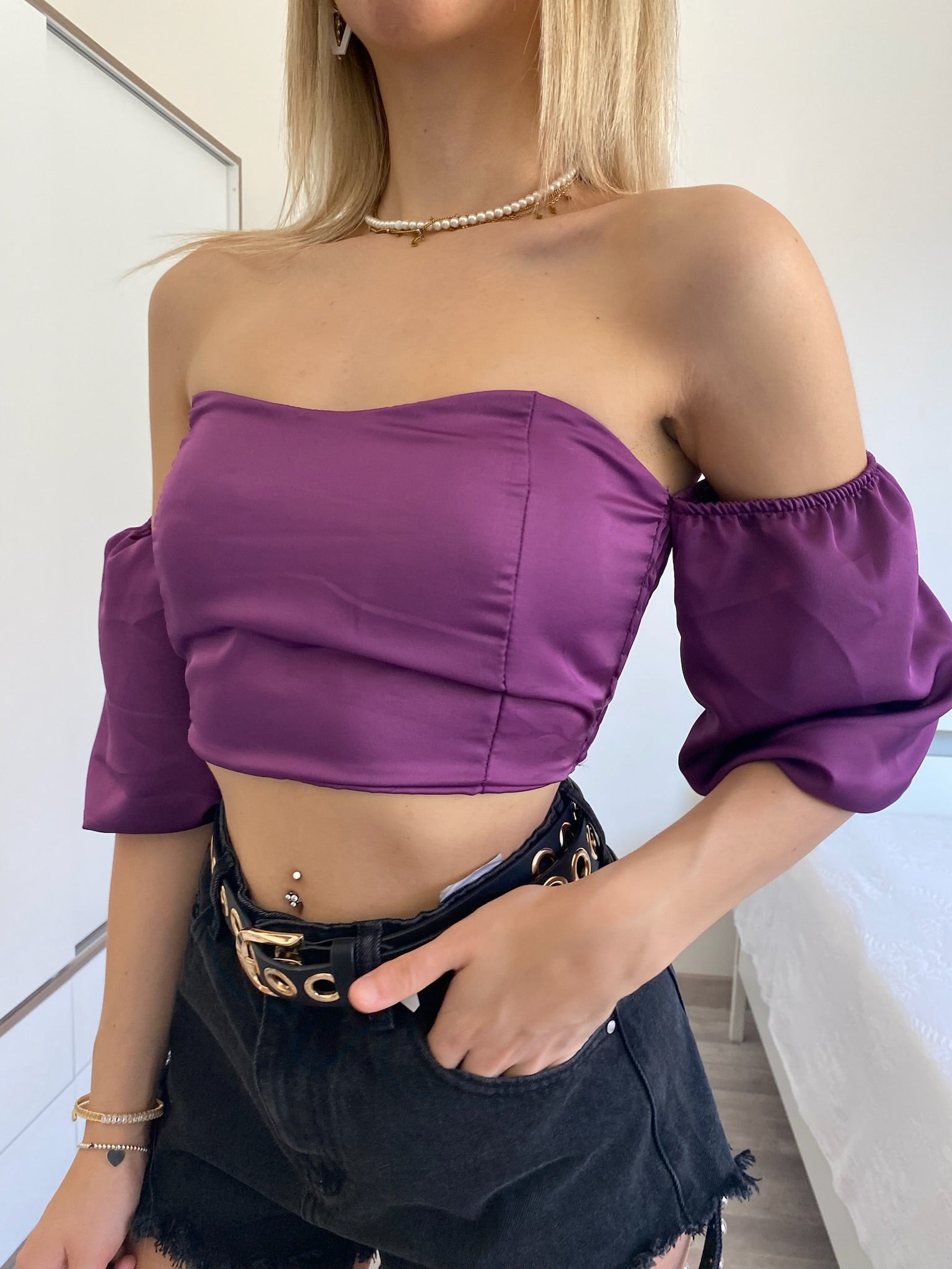 Top purple scollo a cuore