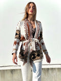 Cardigan Camel/Black con frange e cinta