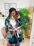 Cardigan con frange e cinta dettaglio Celeste