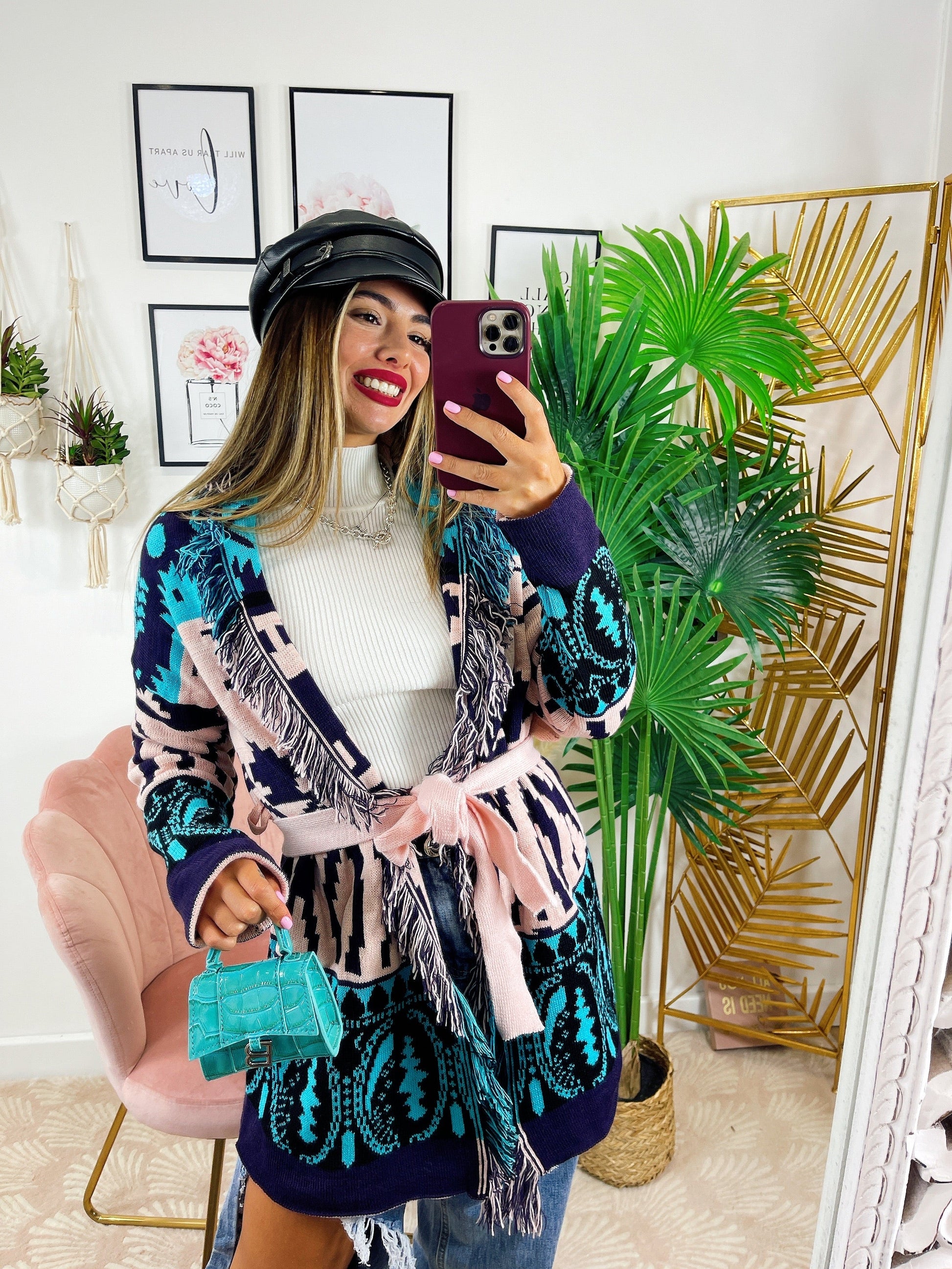 Cardigan con frange e cinta dettaglio Celeste