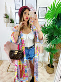 Kimono etnico celeste e fuxia