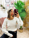Maglione bianco con perle scollo a U