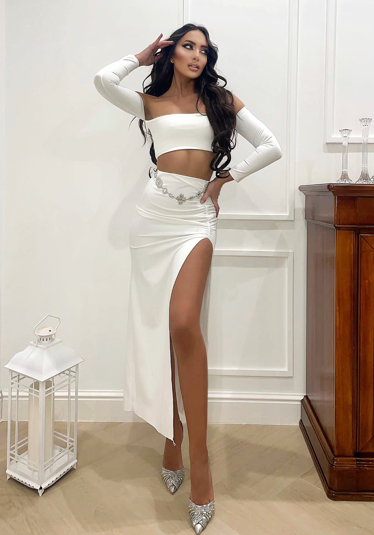 Completo top più gonna midi bianco