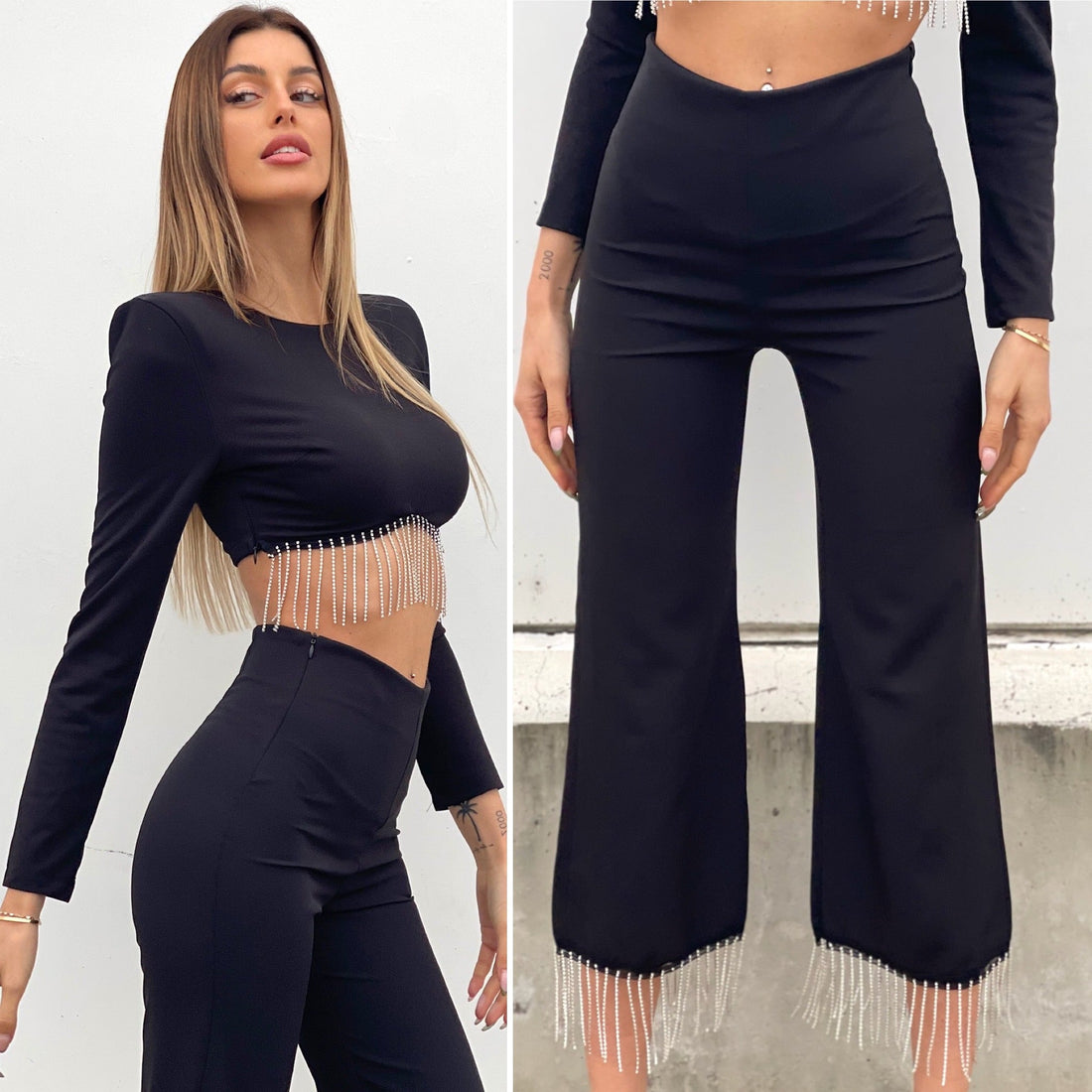 Pantalone con frange in strass