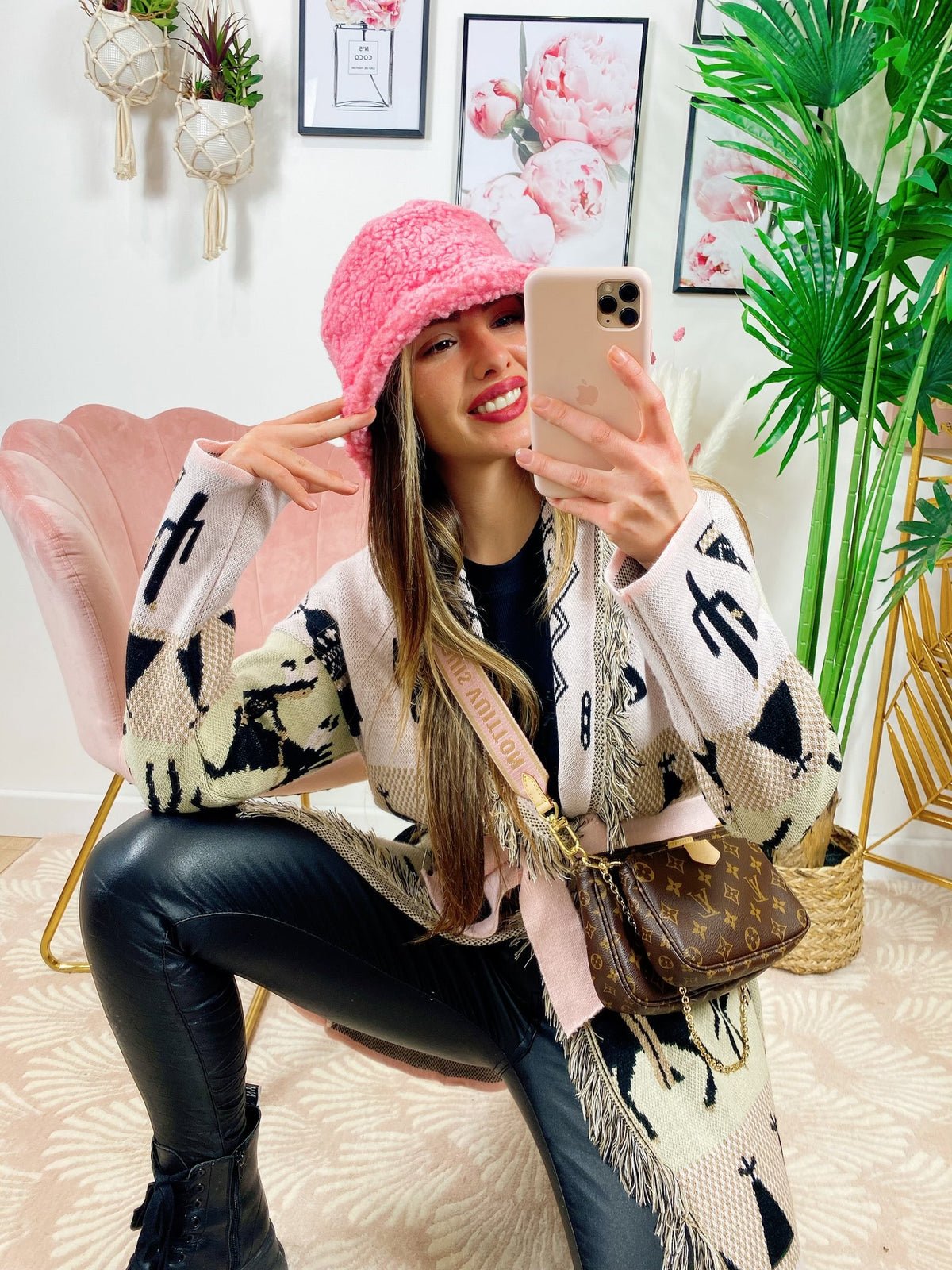 Cardigan frange e cinta con cavallo Rosa