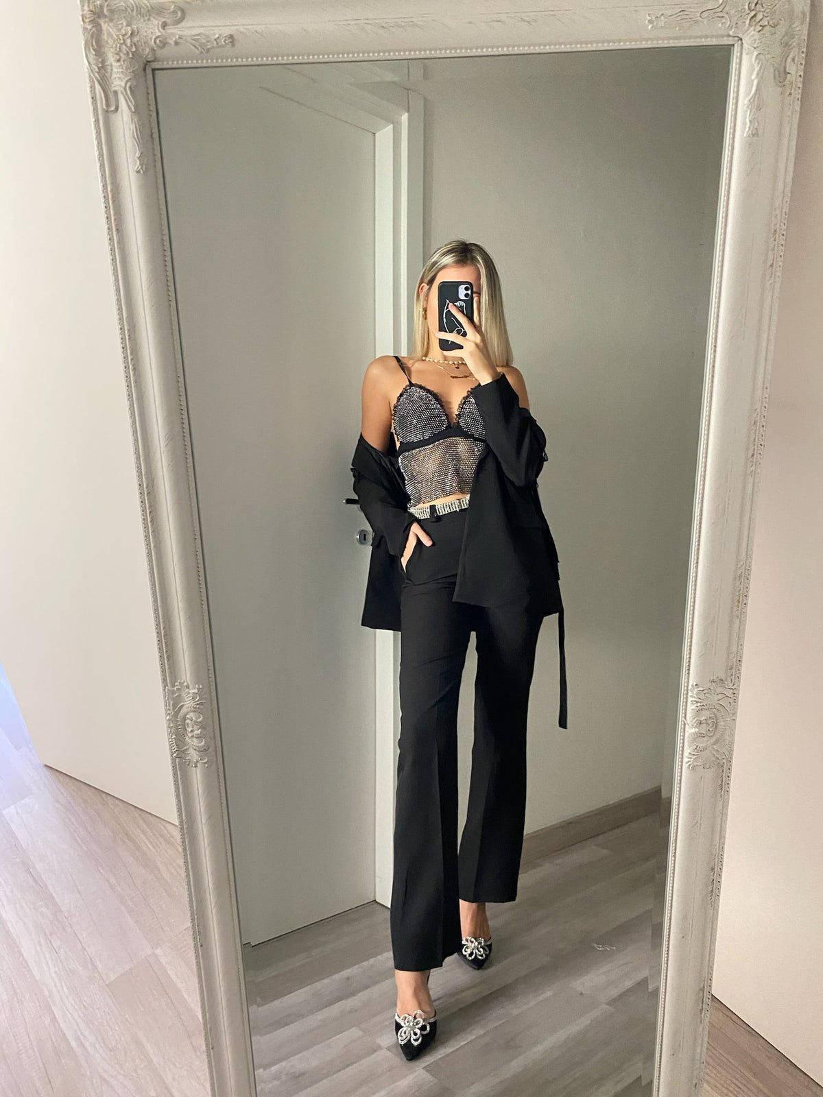 Completo giacca e pantalone frange paillettes nero