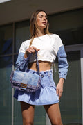 Felpa crop jeans bianca