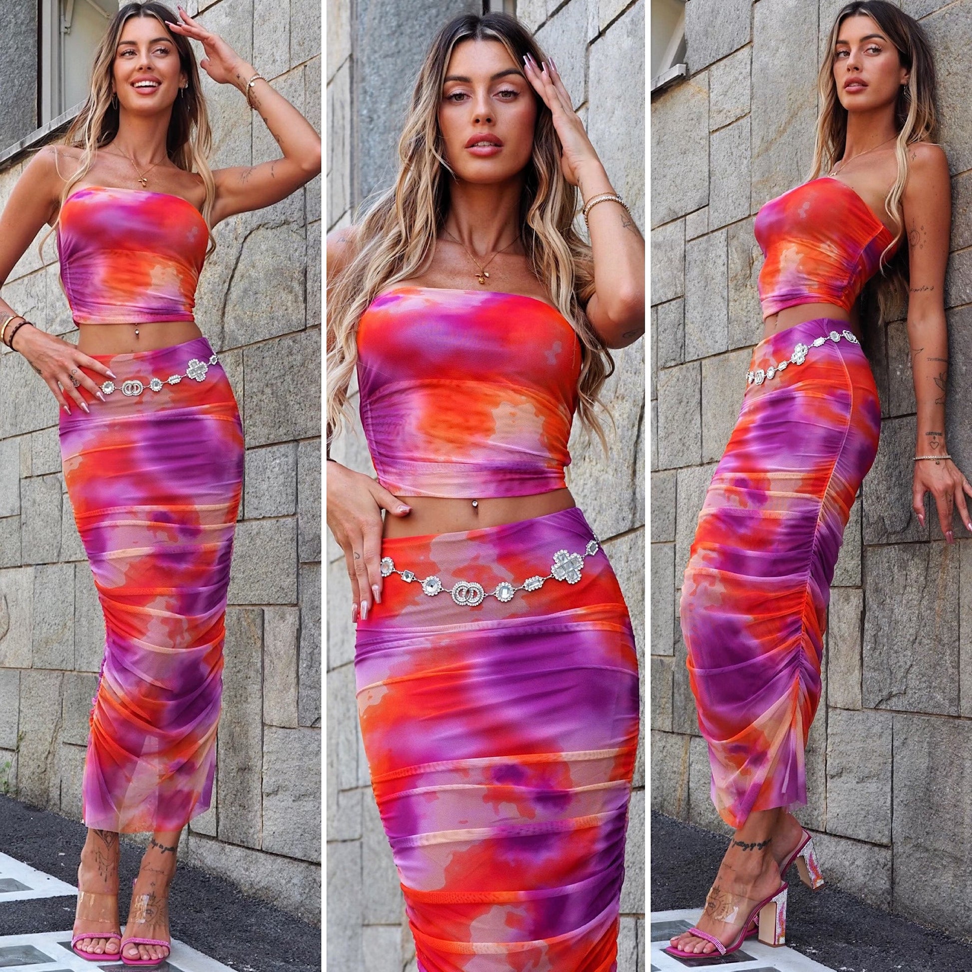 Completo top e gonna in tulle arancio Fuxia