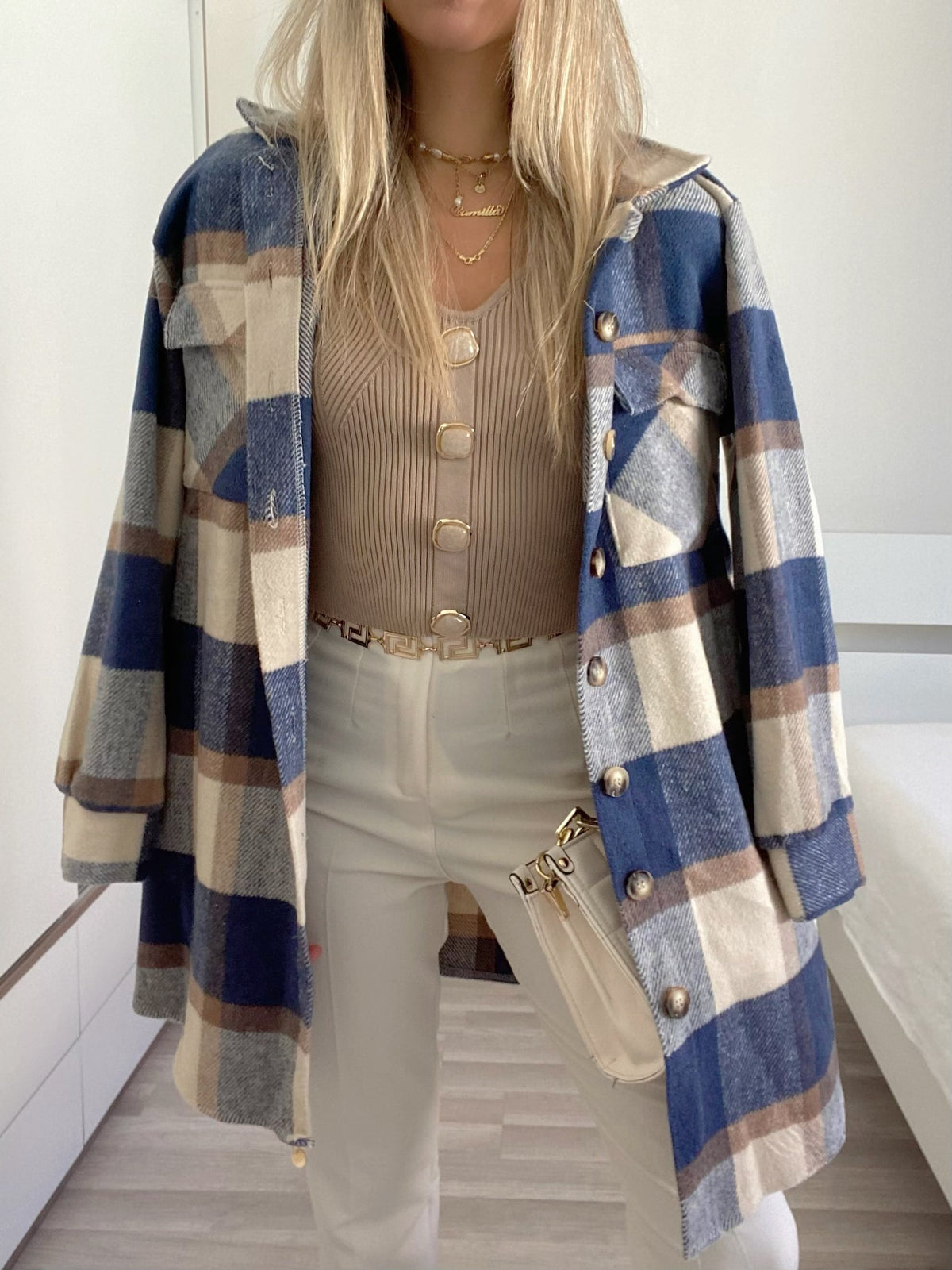 Giacca check nude e blu