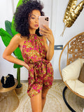 Tutina in raso con fiori base camel