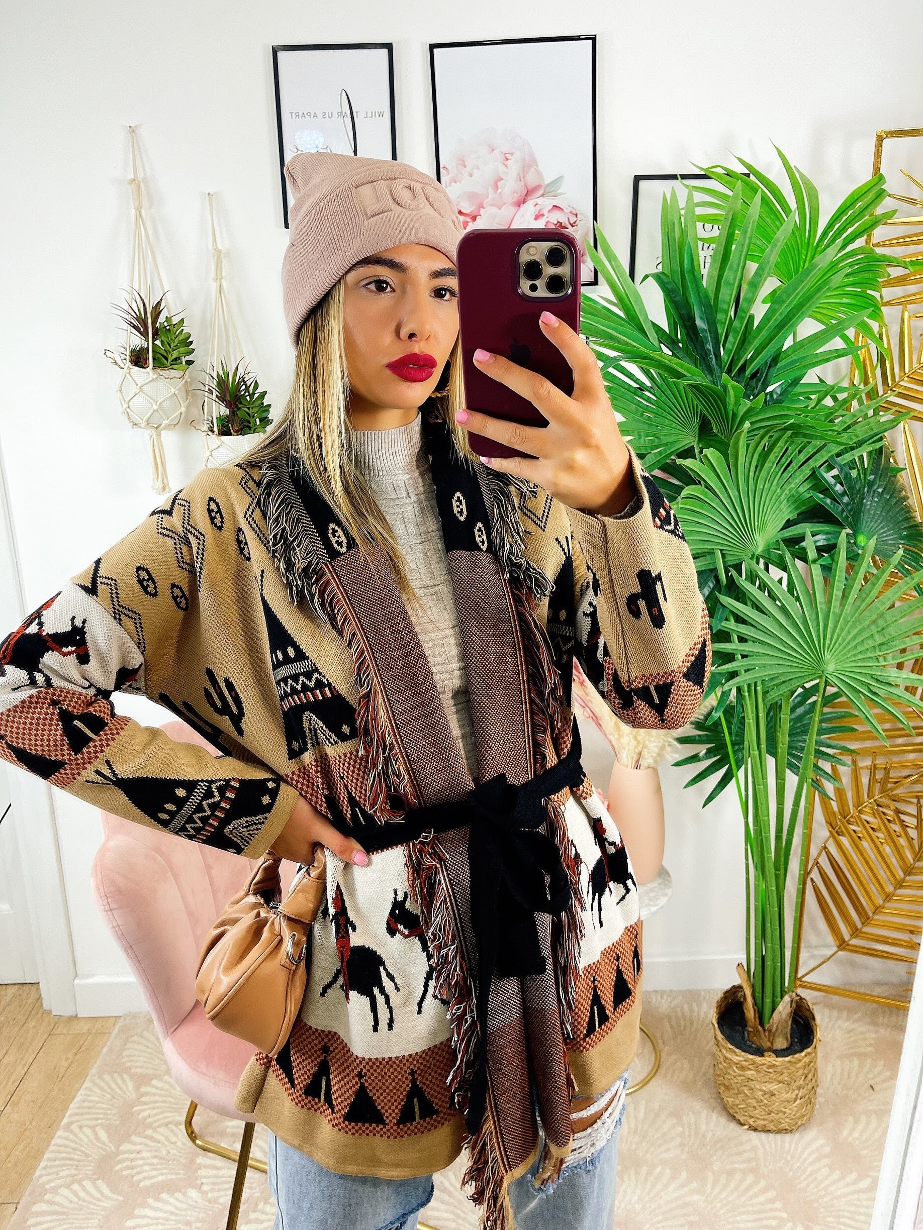 Cardigan frange e cinta dettaglio cavallo beige