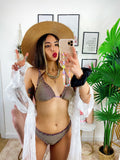 Bikini con arricciature lilla glitter