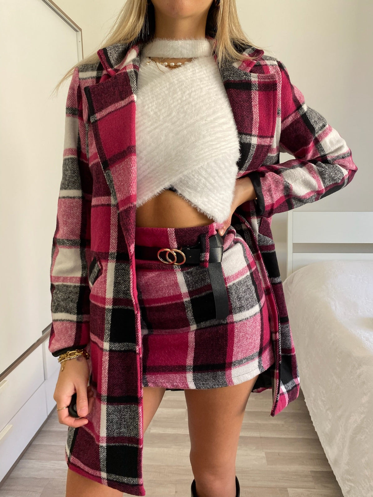 Cappotto check trama Fuxia nero