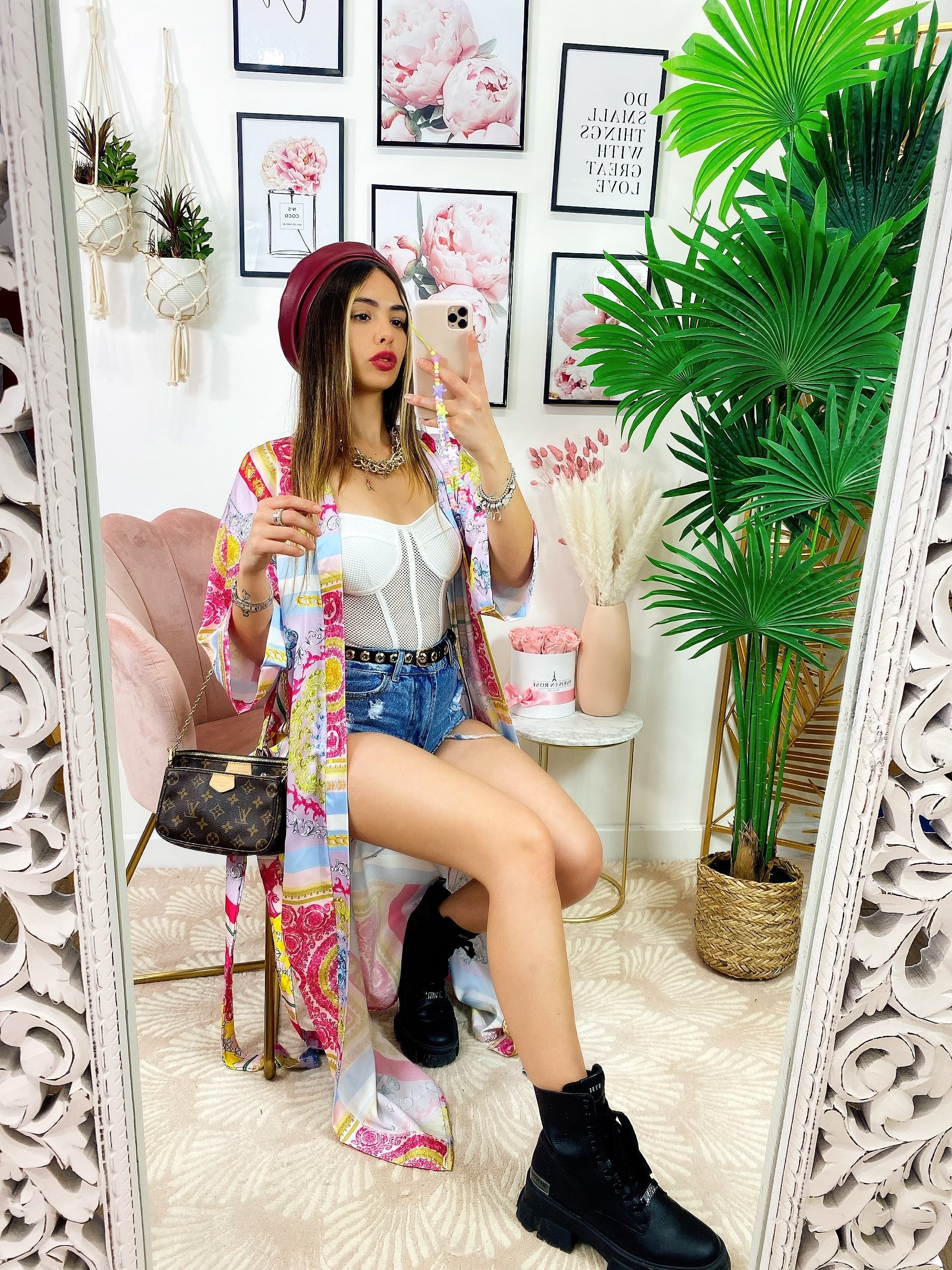 Kimono etnico celeste e fuxia