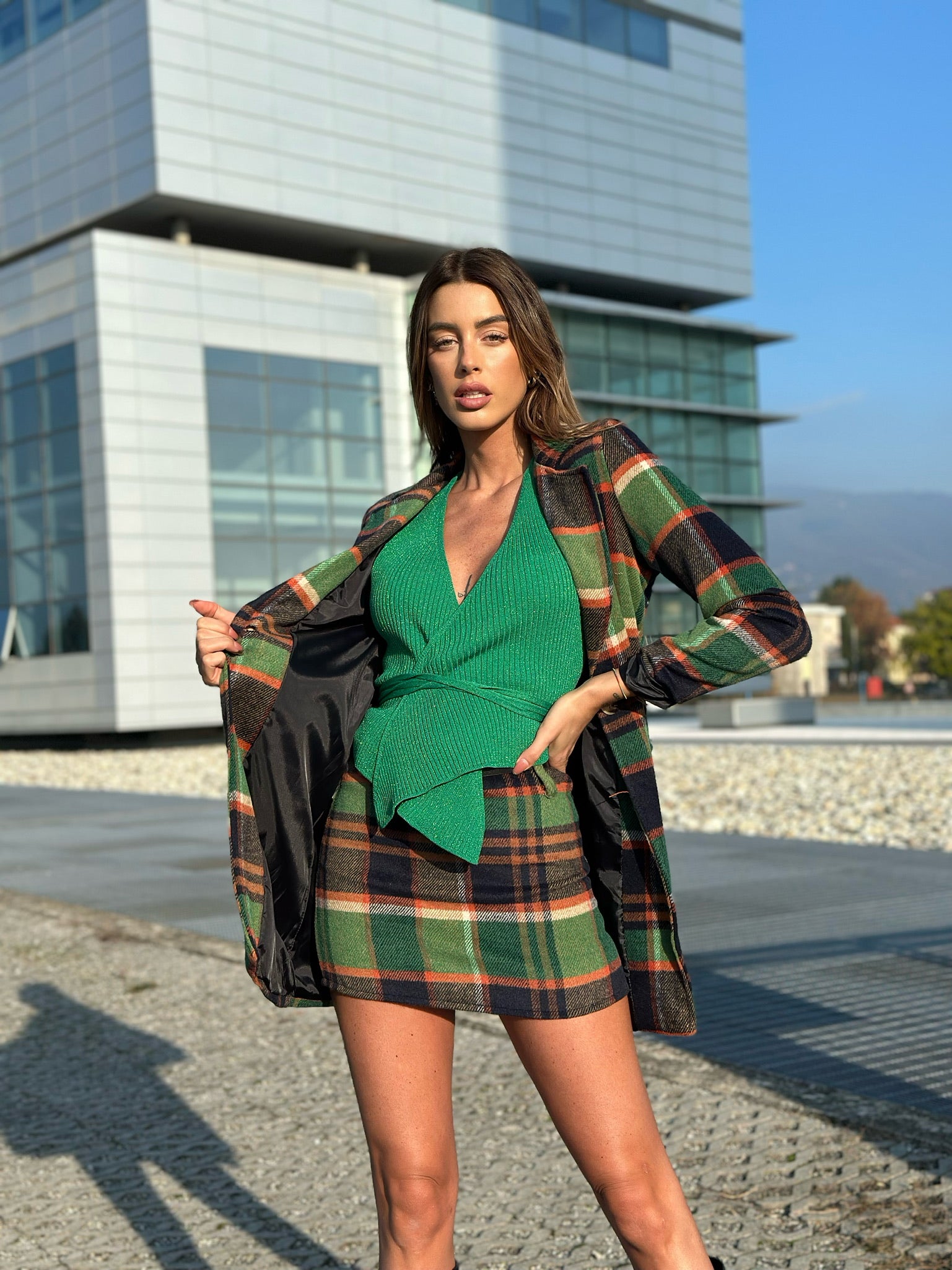 Cappotto check trama verde