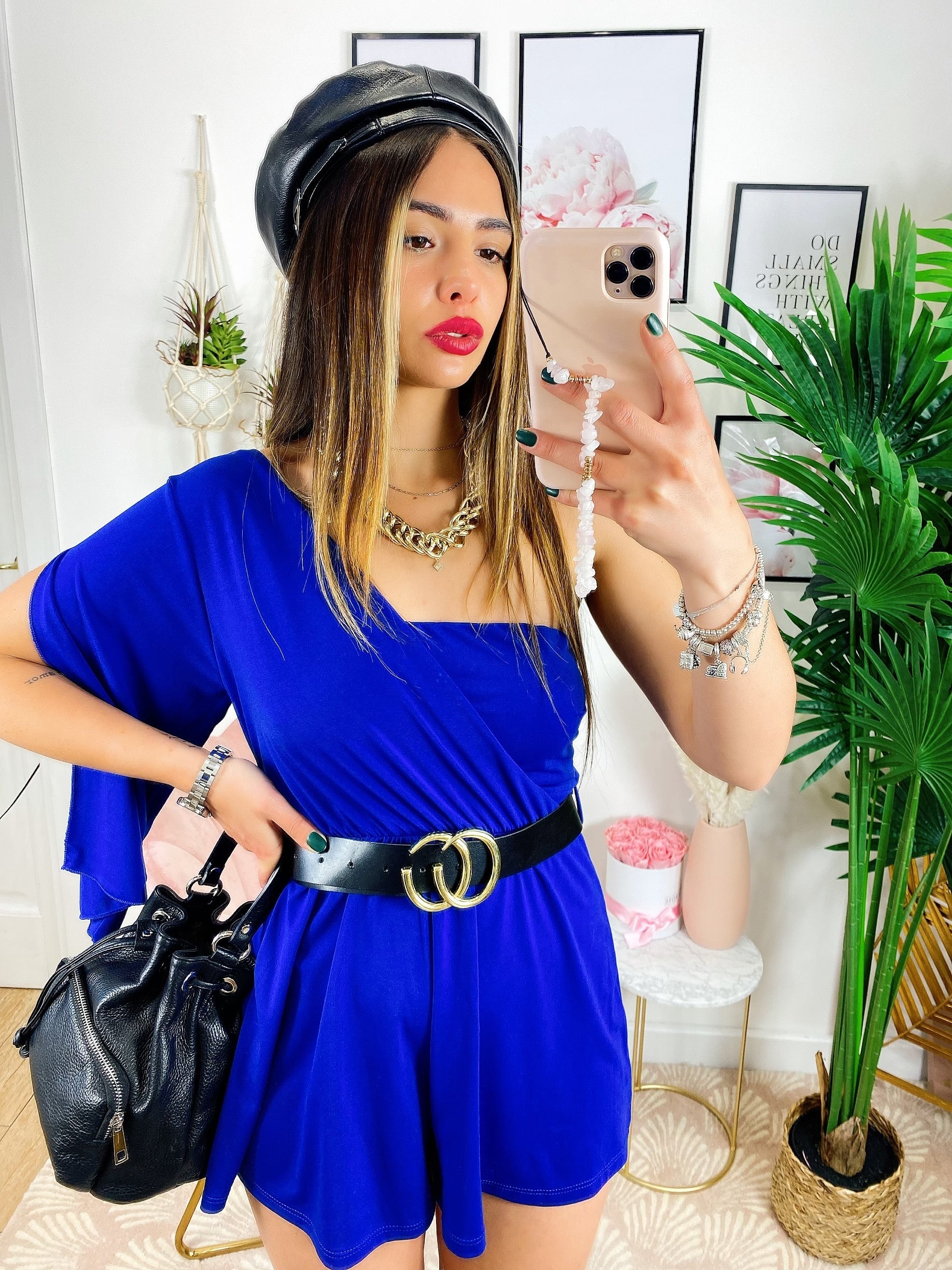 Tutina blu monospalla taglio a impero con cintura