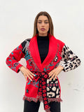 Cardigan con frange e cintura rosso