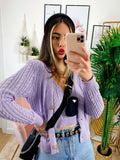 Cardigan primaverile con trecce lilla
