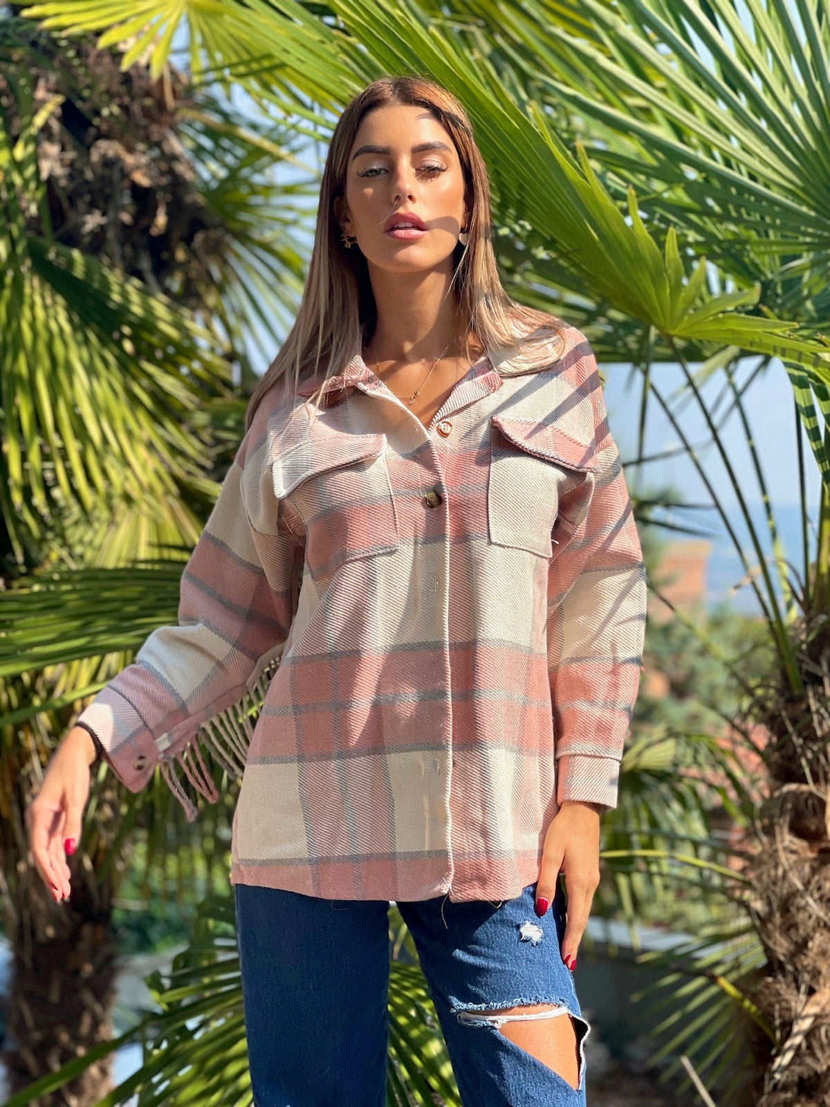 Giacca a quadri Rosa con frange