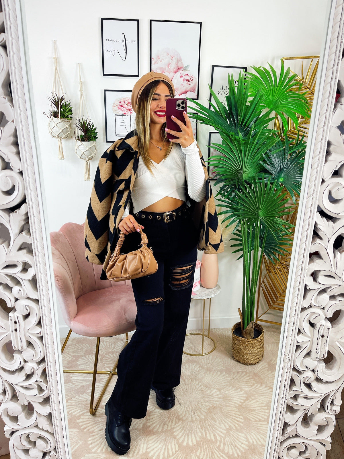 Giacca a quadri dettaglio beige zig zag