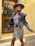 Giacca di jeans nero con rouches e marsupio