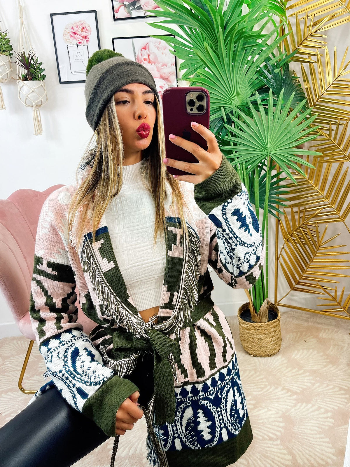 Cardigan Rosa frange e cinta dettaglio verde