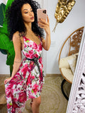Abito con gonna asimmetrica e fiorellini Fuxia base bianco
