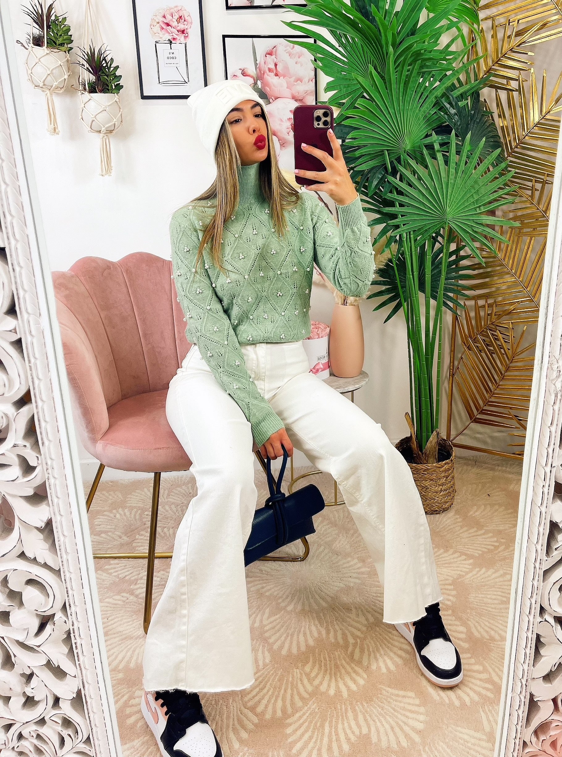 Maglione top quality con perle menta