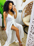 Abito in raso con maxi spacco bianco