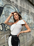Body monospalla con fiocco bianco